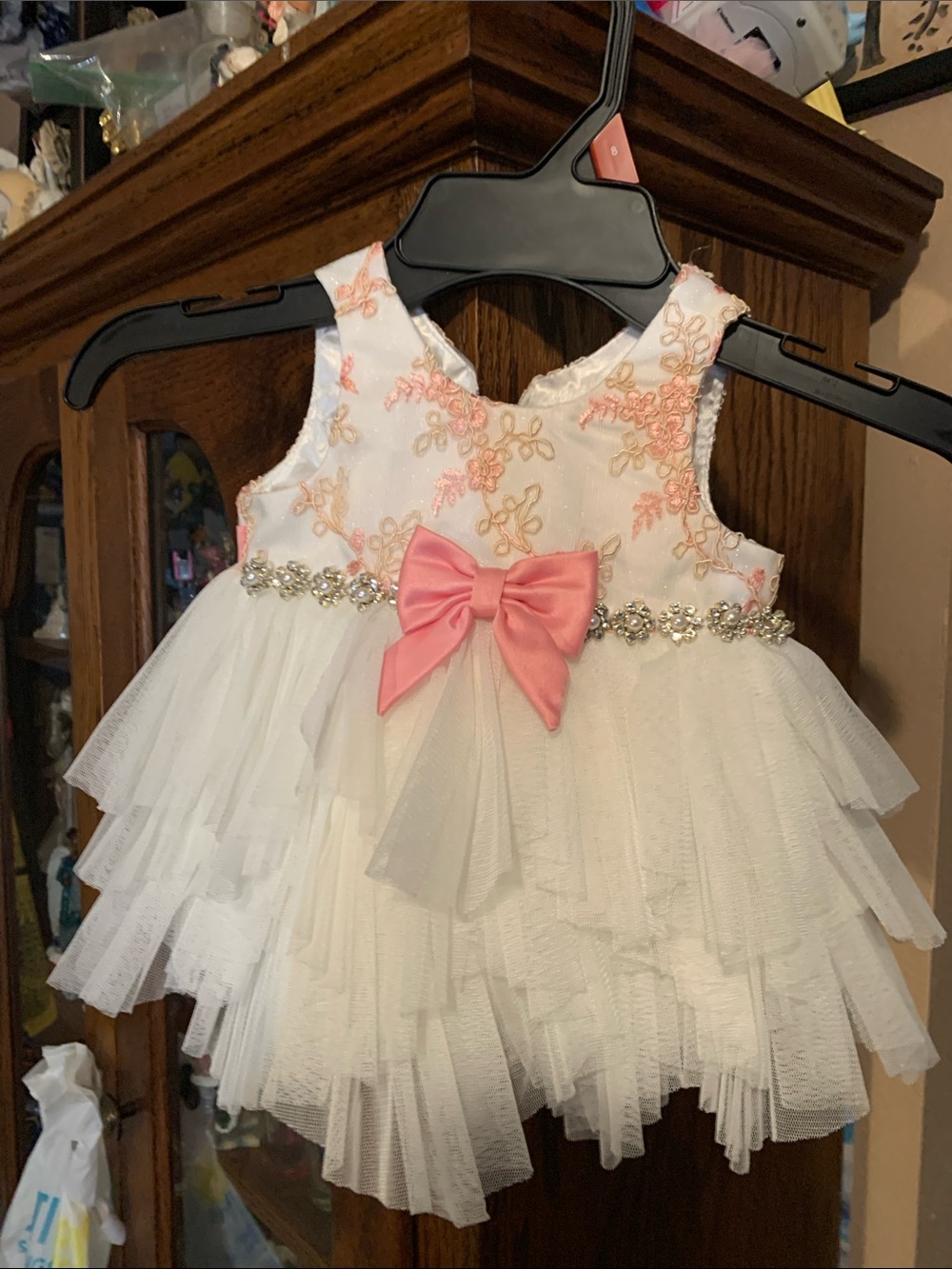 Girls White & Pink Floral Bow Tiered Tulle American Princess Dress 1-3 months